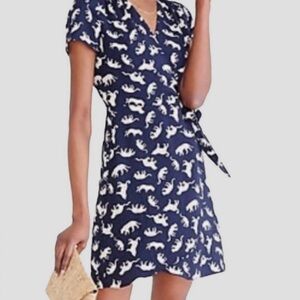 J Crew Navy Blue Leopard Cat Print Short Sleeve Tie Wrap Dress Size 12